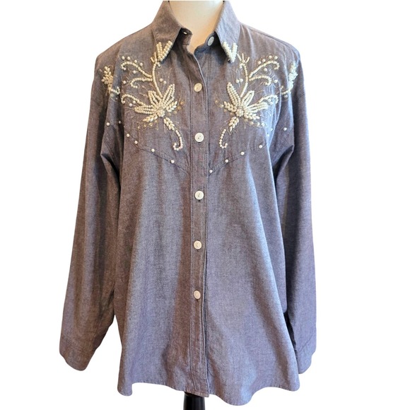 Jane Ashley Tops - Vintage 90s Jane Ashley Pearl Beaded Western Shirt Womens XL‎ Gray Chambray